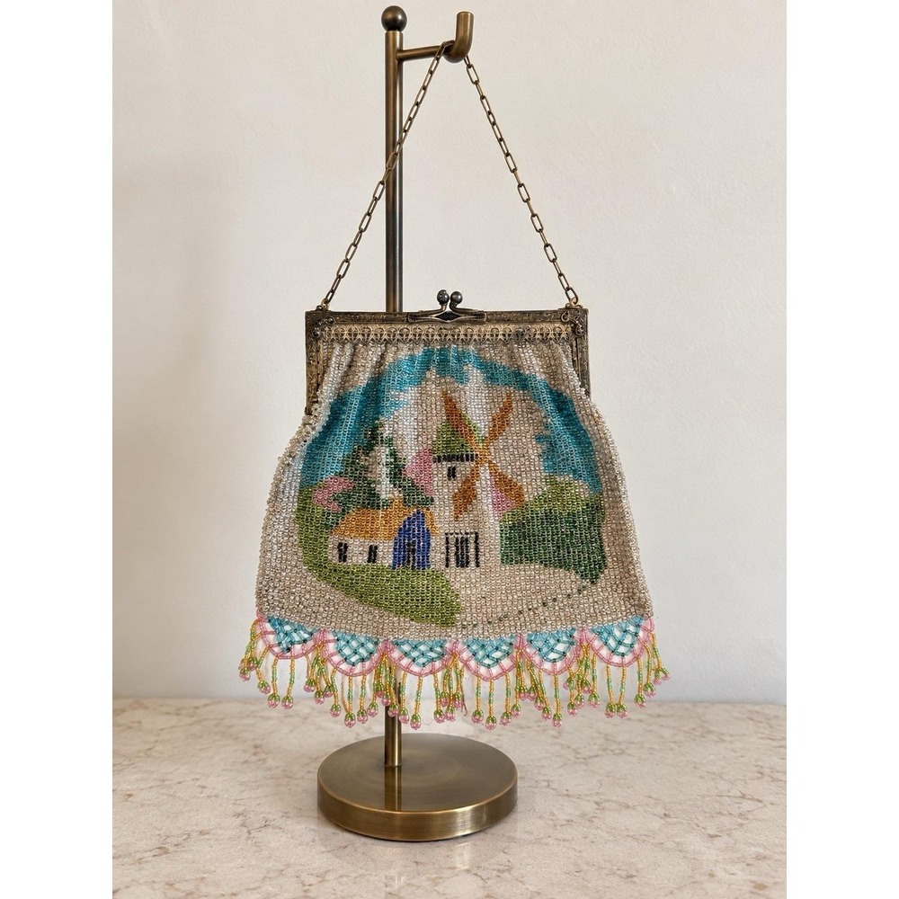 VTG Victorian Micro Beaded Scenic Purse or Handbag Cottage Floral Scene